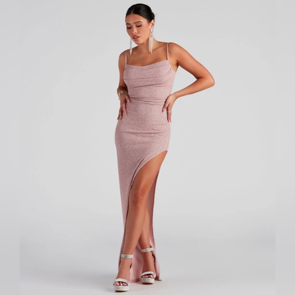 Lola Formal High Slit Glitzy Glitter Dress | Sparkly dress Silver and Pink - Picture 2 of 6